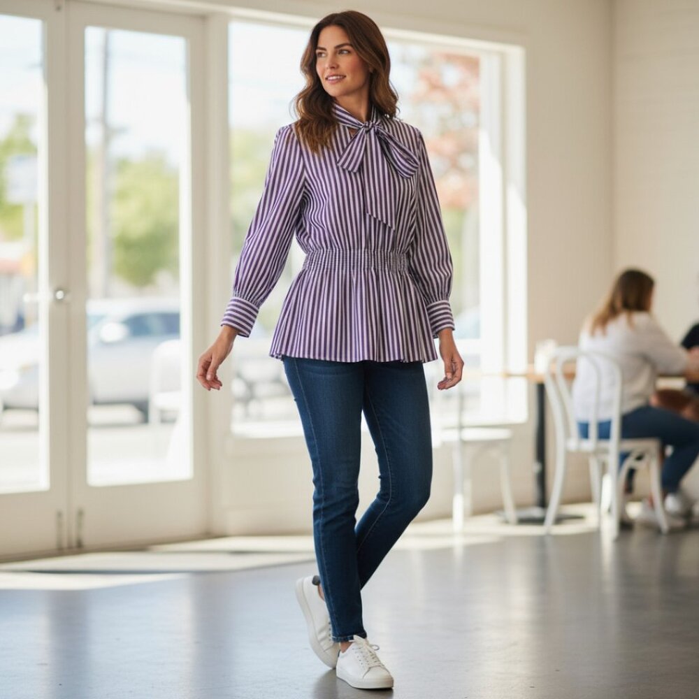 Teija Blue Striped Pleated Detail Mock Neck Long Sleeve 100% Cotton Blouse XL